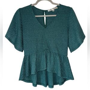 Row A Teal V-Neck Peplum Top Size Small Women’s